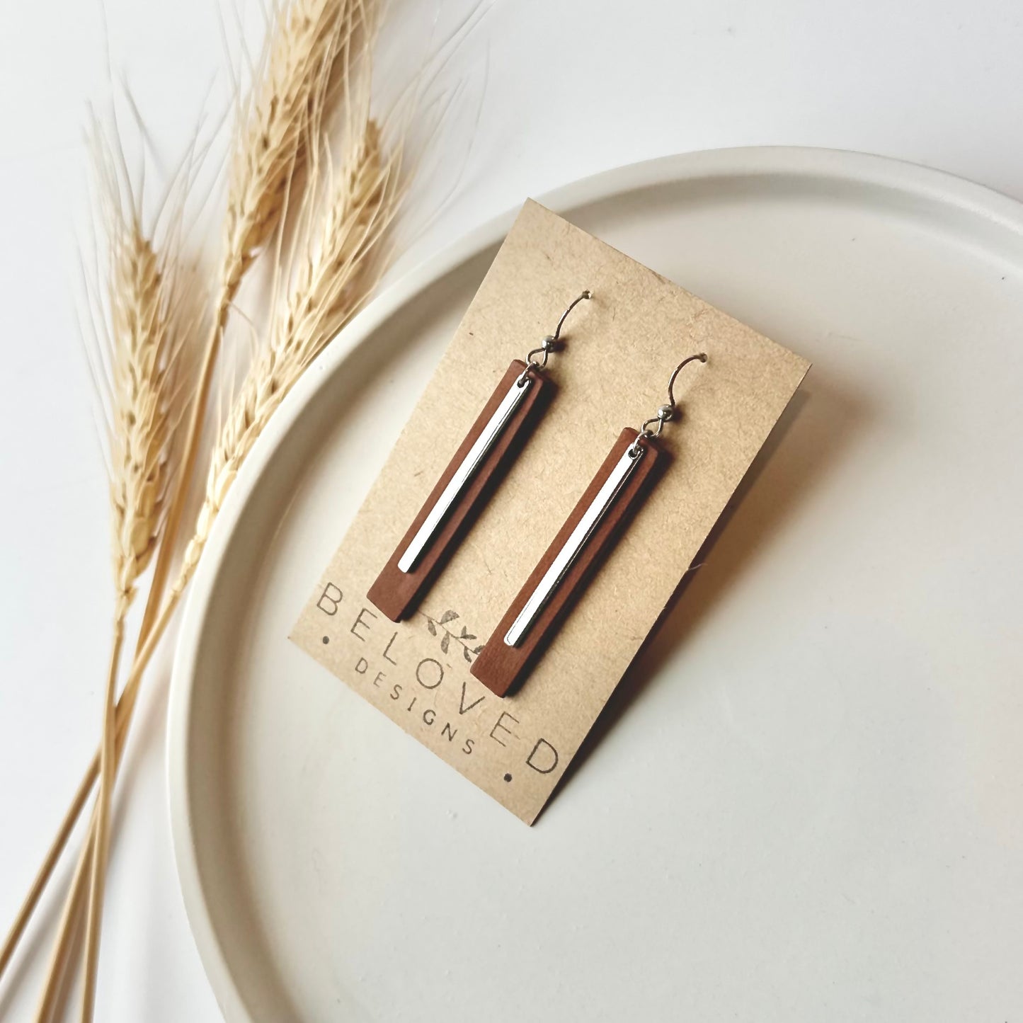 Cognac Leather Bar + Rhodium Bar Earrings