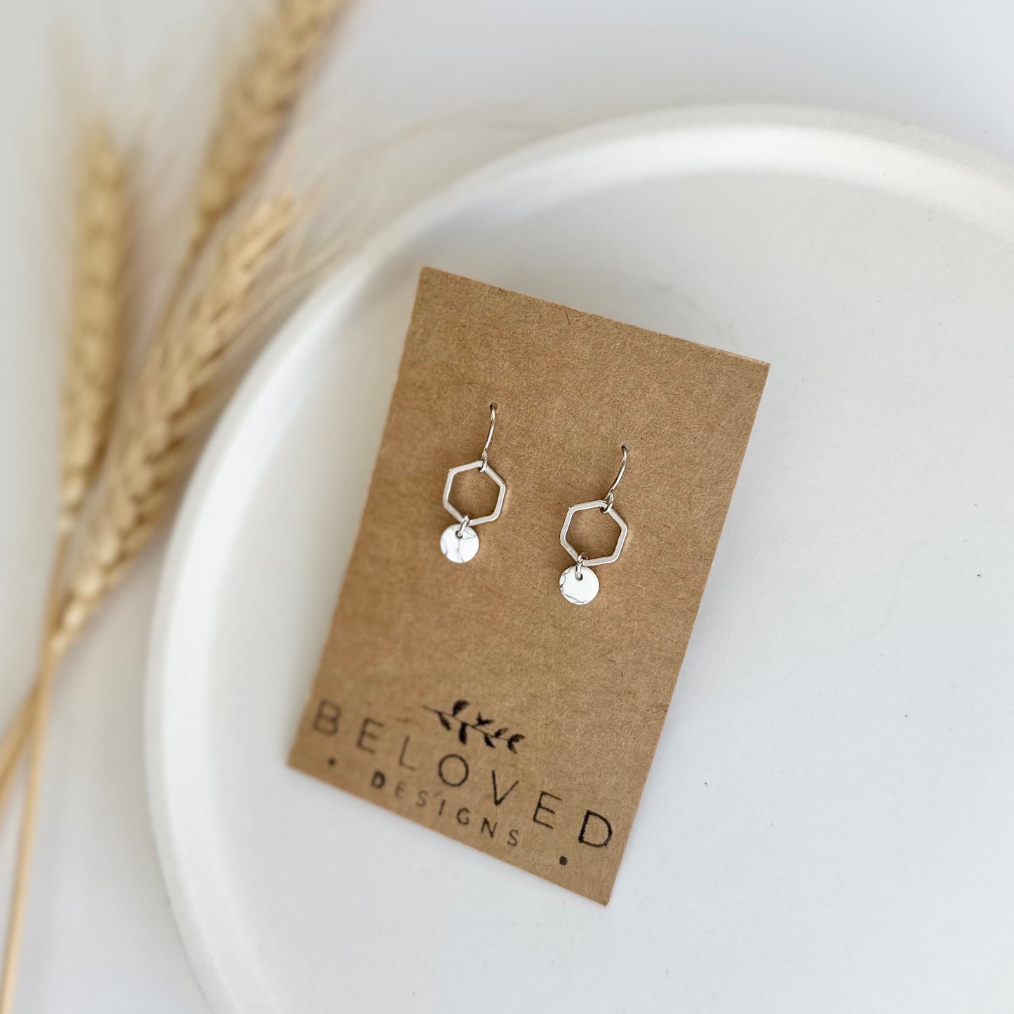 Petite Rhodium Hexagon + Howlite Earrings