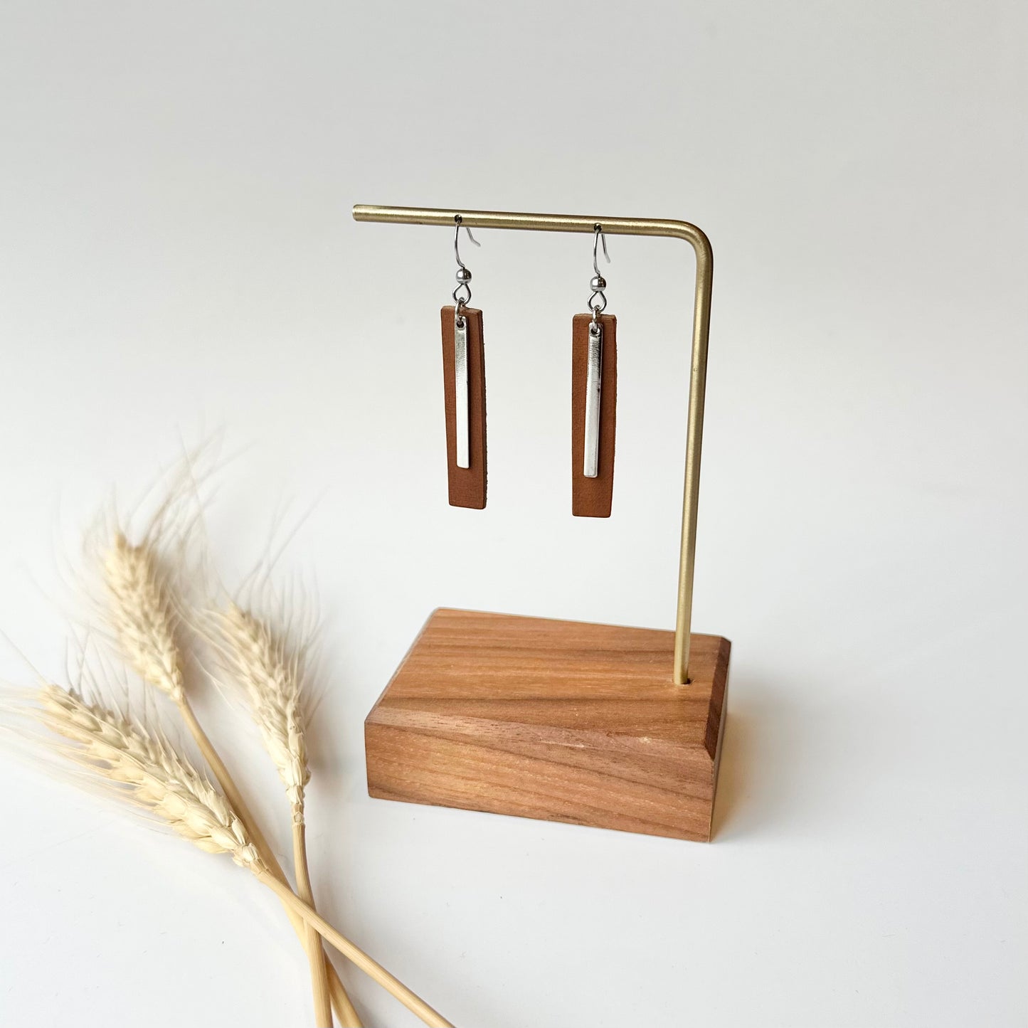 Cognac Leather Bar + Rhodium Bar Earrings