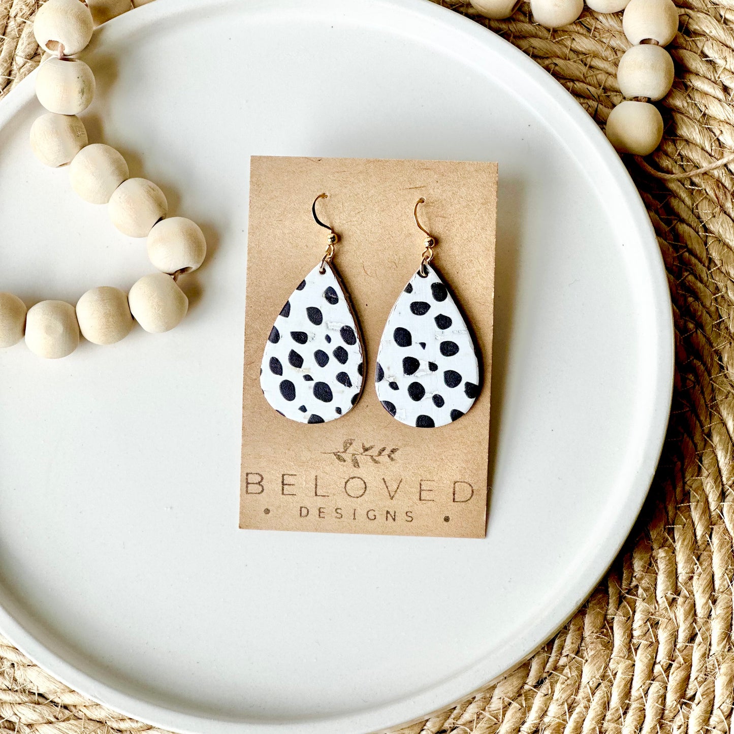 Dalmatian Cork Leather Teardrop Earrings