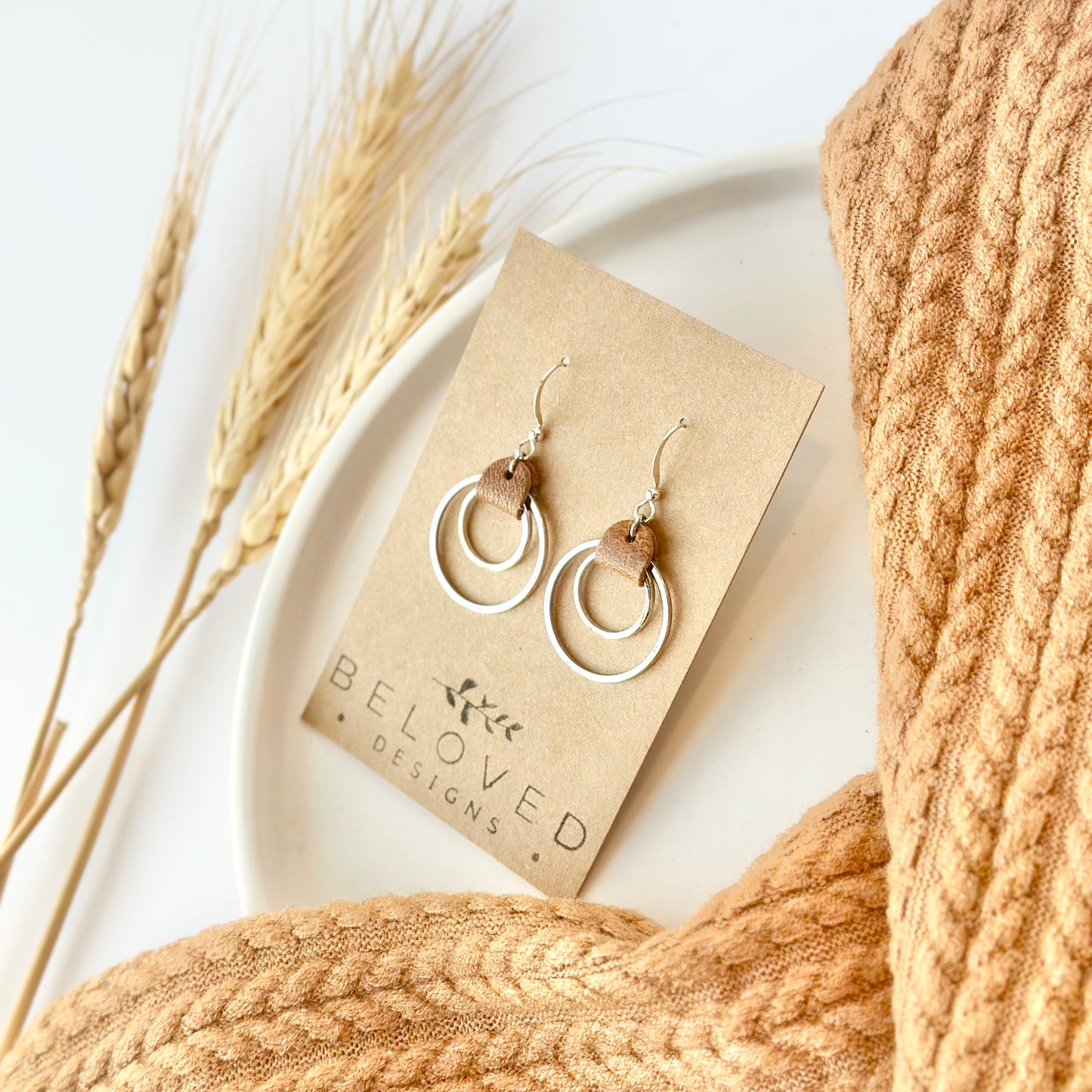 Camel Leather + Double Rhodium Hoop Earrings - Small