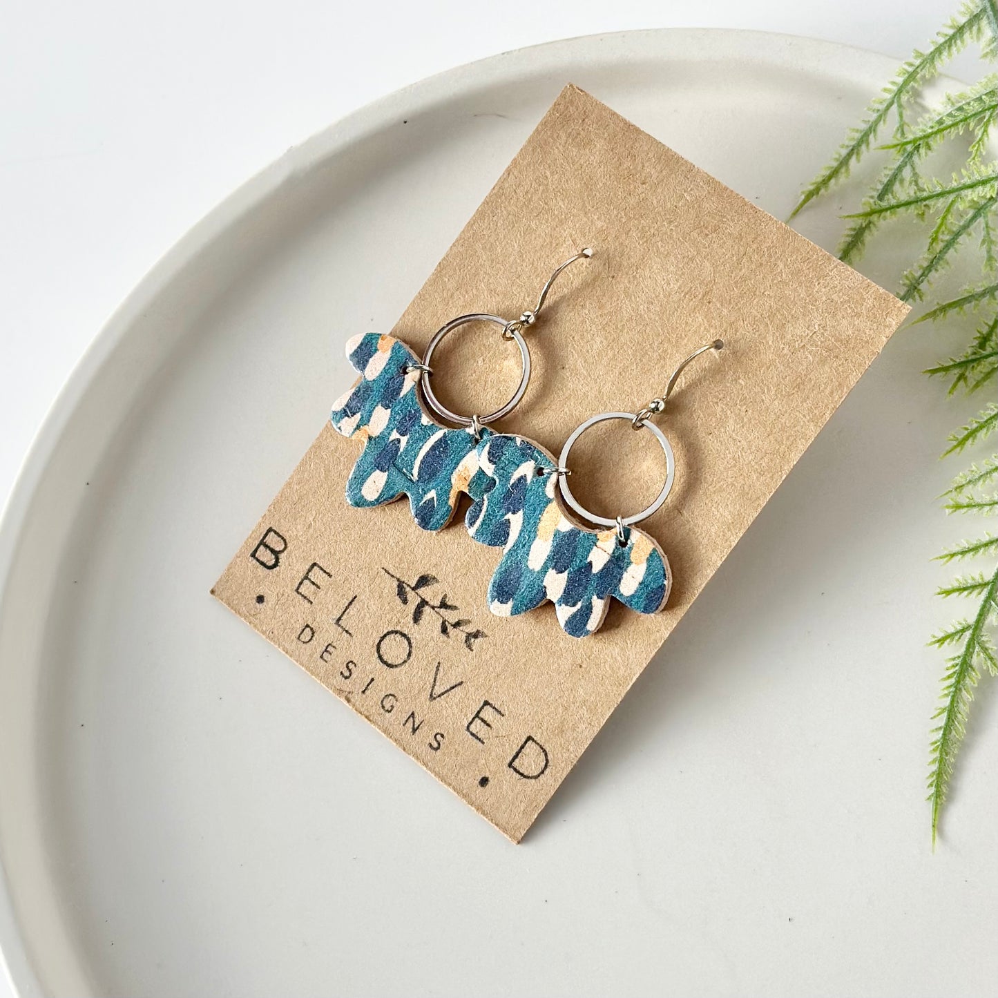 Abstract Teal Cork Leather Flower + Hoop Earrings