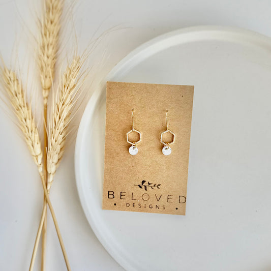 Petite Gold Hexagon + Howlite Earrings