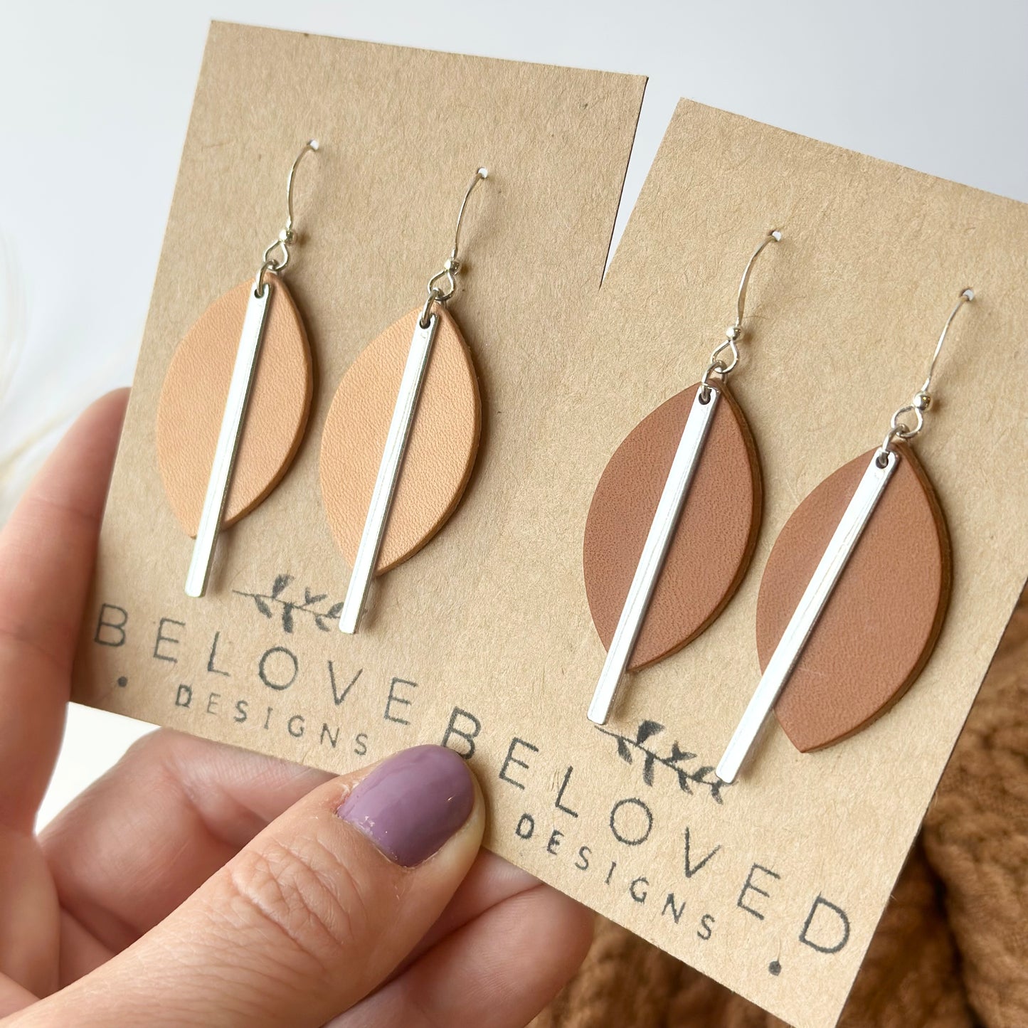 Cognac Leather Leaf + Rhodium Bar Earrings