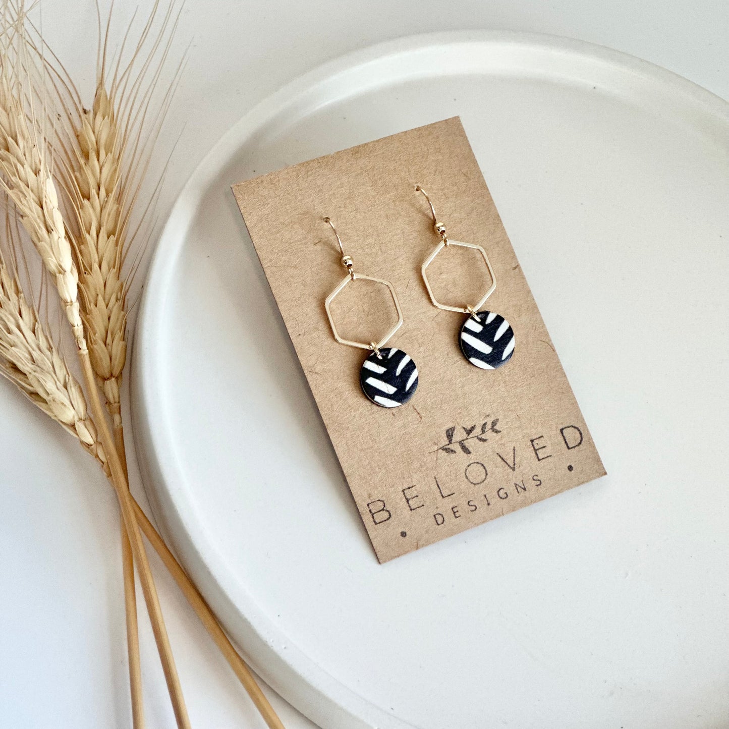 Black and White Chevron Cork Leather + Hexagon Earrings