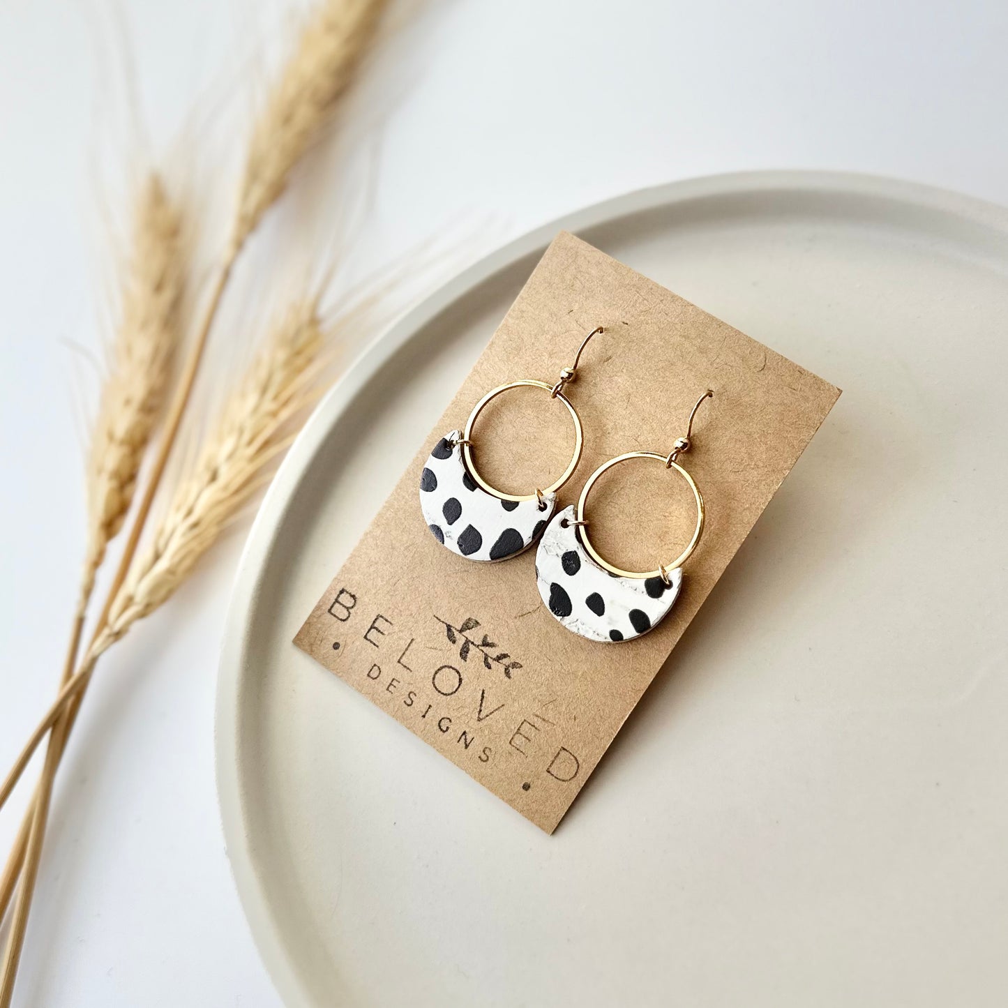 Dalmatian Cork Leather Crescent + Hoop Earrings