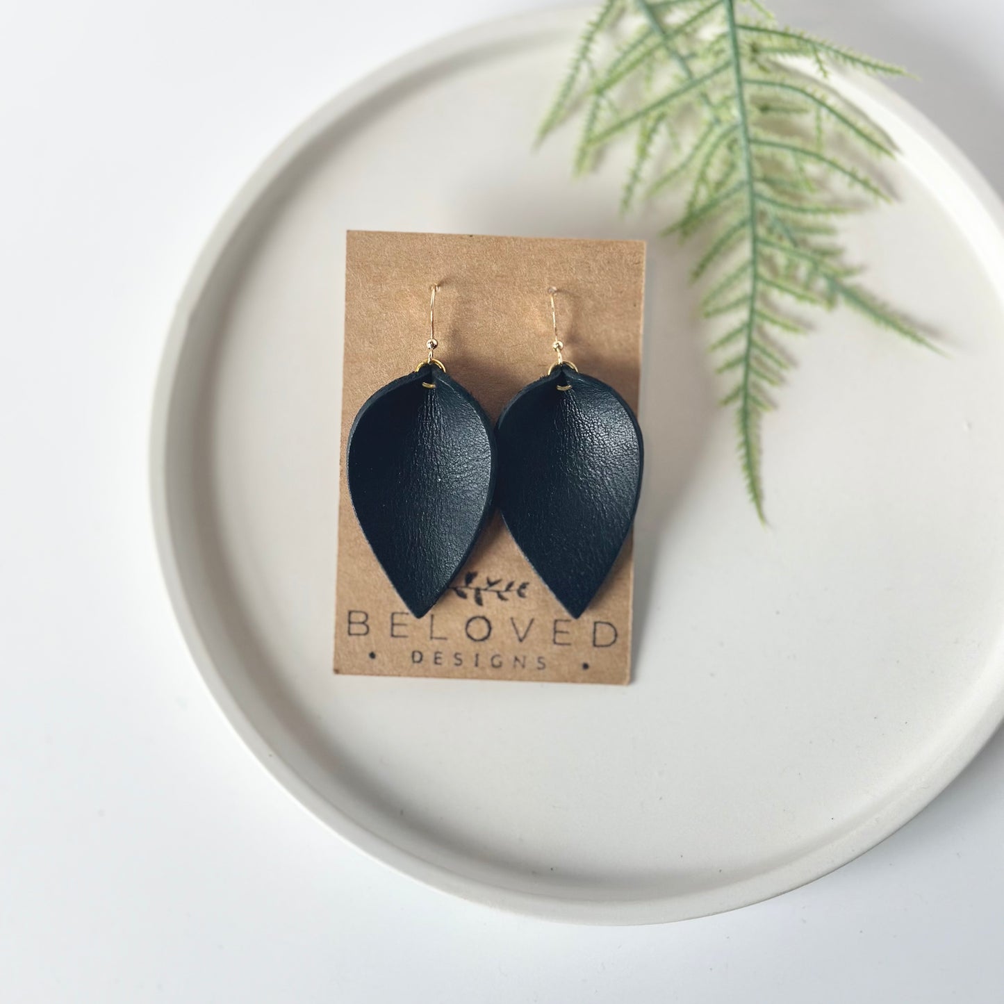 Black Leather Folded Leaf Earrings - Large