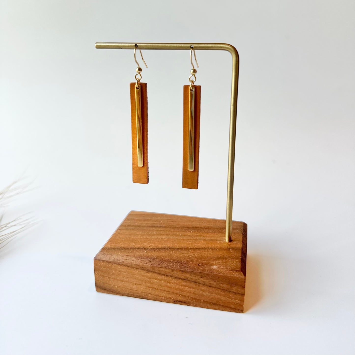 Natural Leather Bar + Gold Bar Earrings