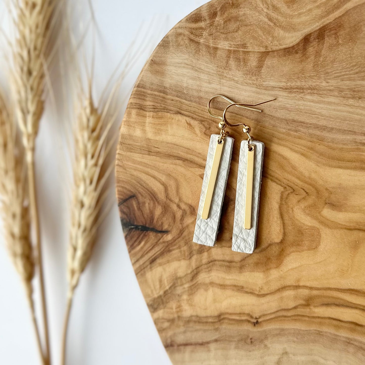 Cream Leather Bar + Gold Bar Earrings