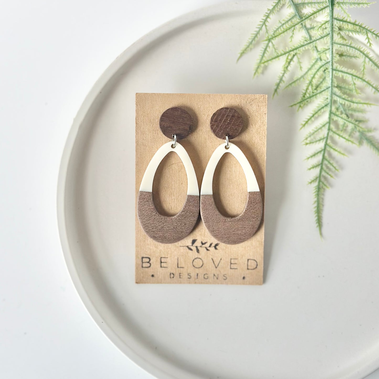 Large White Oval Resin + Wood Stud Earrings