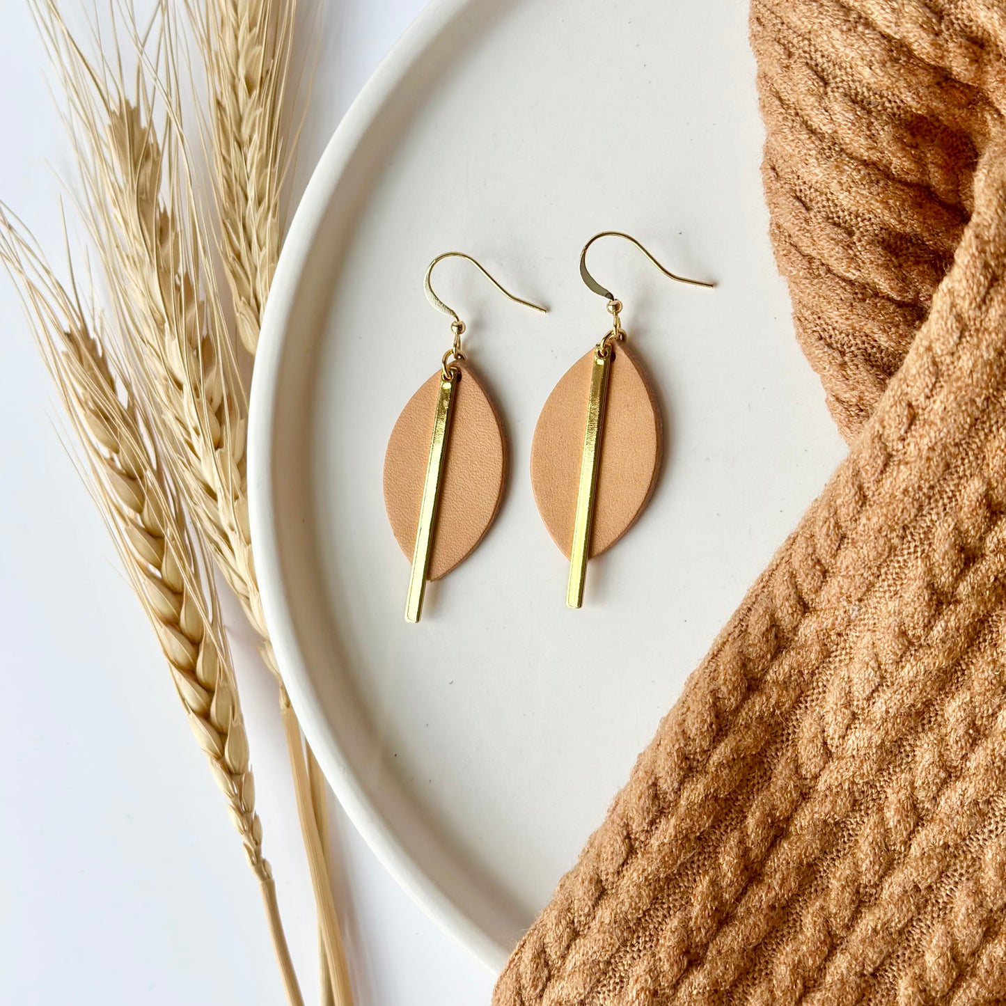 Natural Leather Leaf + Gold Bar Earrings