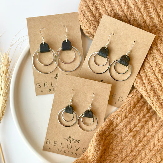 Black Leather + Double Rhodium Hoop Earrings