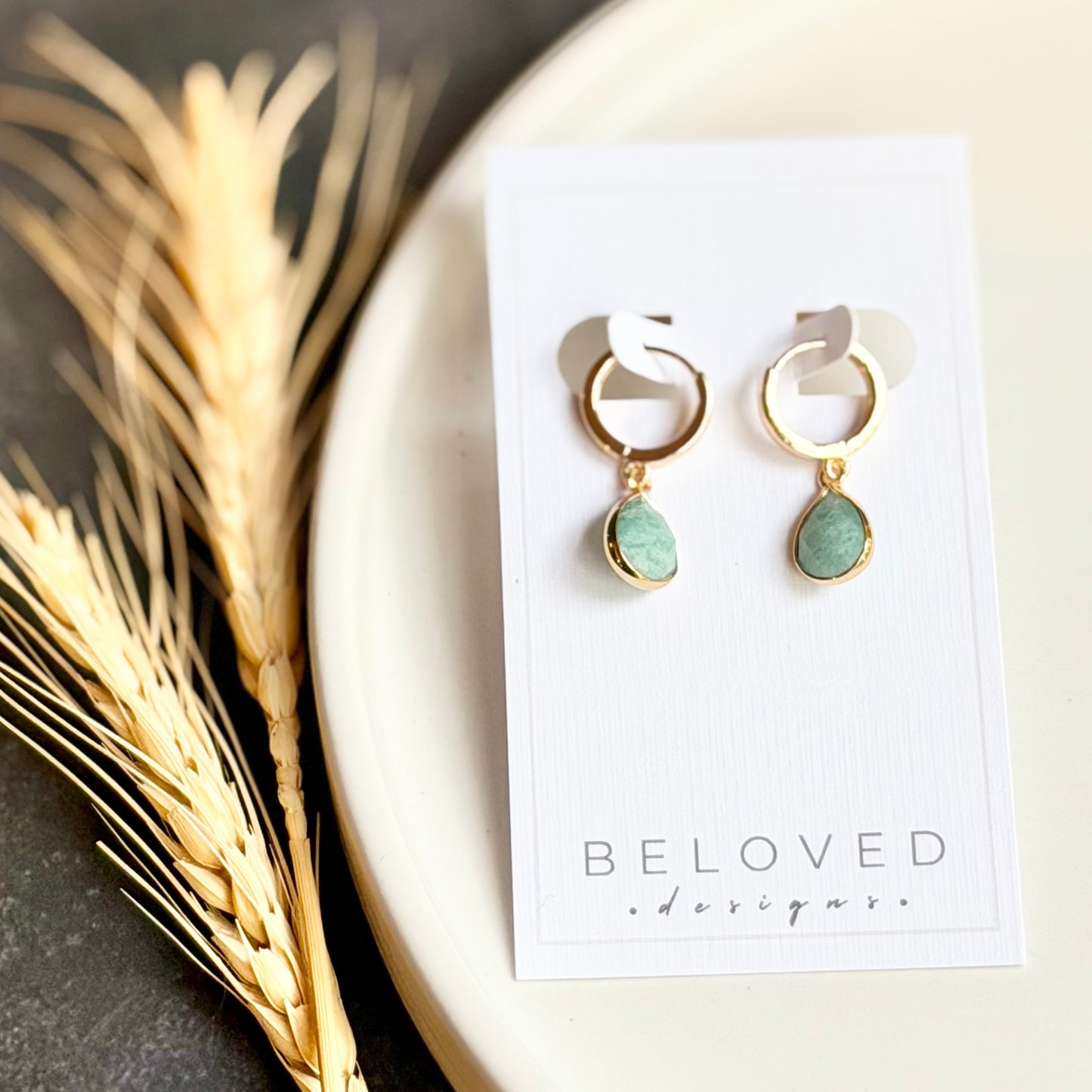 Gold Huggie + Opaque Mint Teardrop Earrings