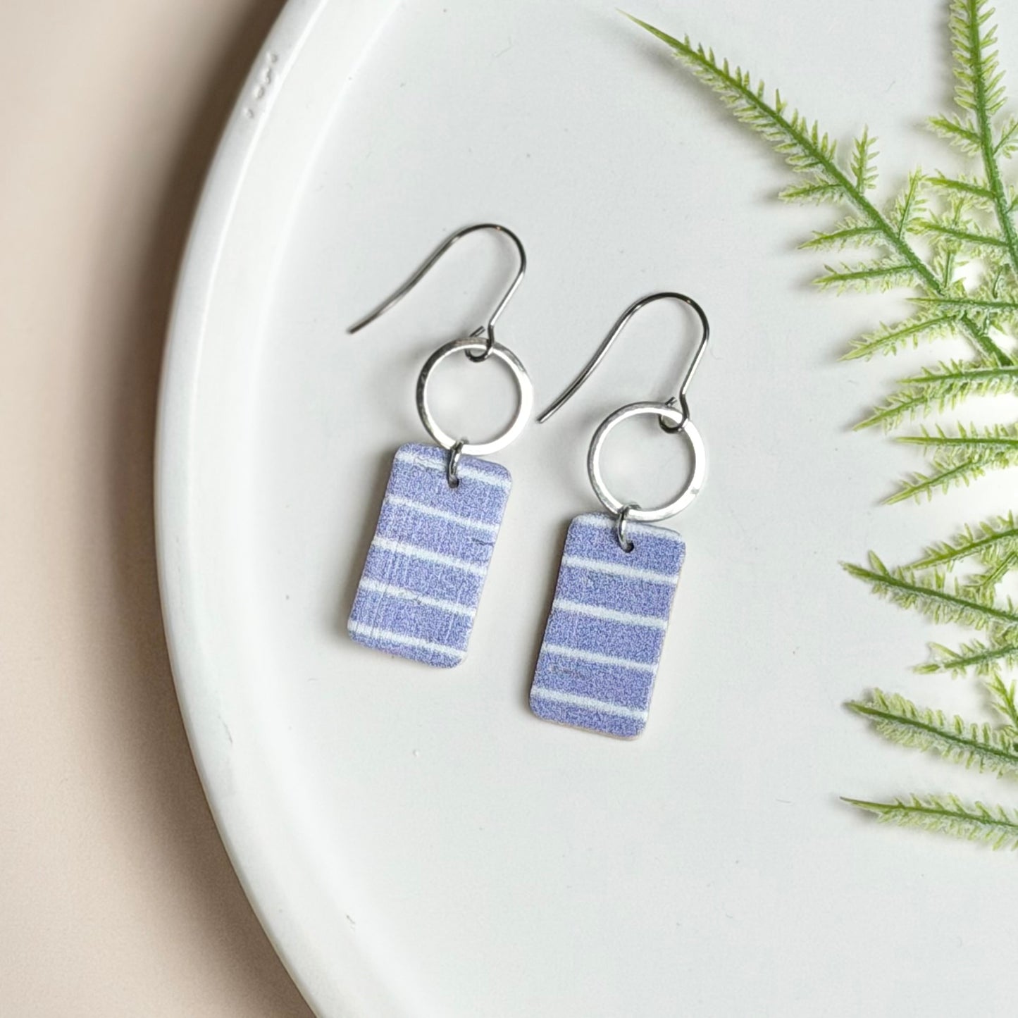 Cork Leather Rectangle + Hoop Earrings | Pale Blue Stripe