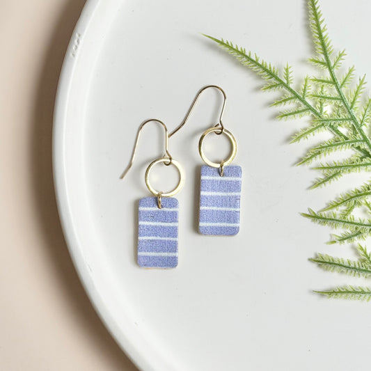 Cork Leather Rectangle + Hoop Earrings | Pale Blue Stripe