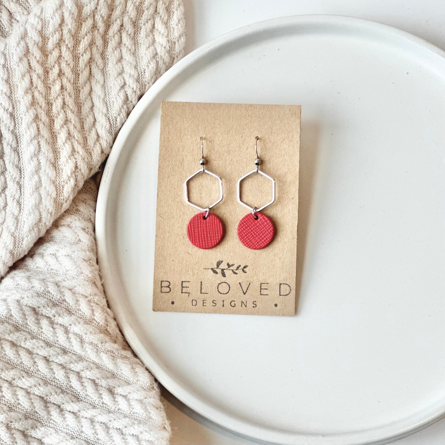 Cherry Red Leather + Hexagon Earrings