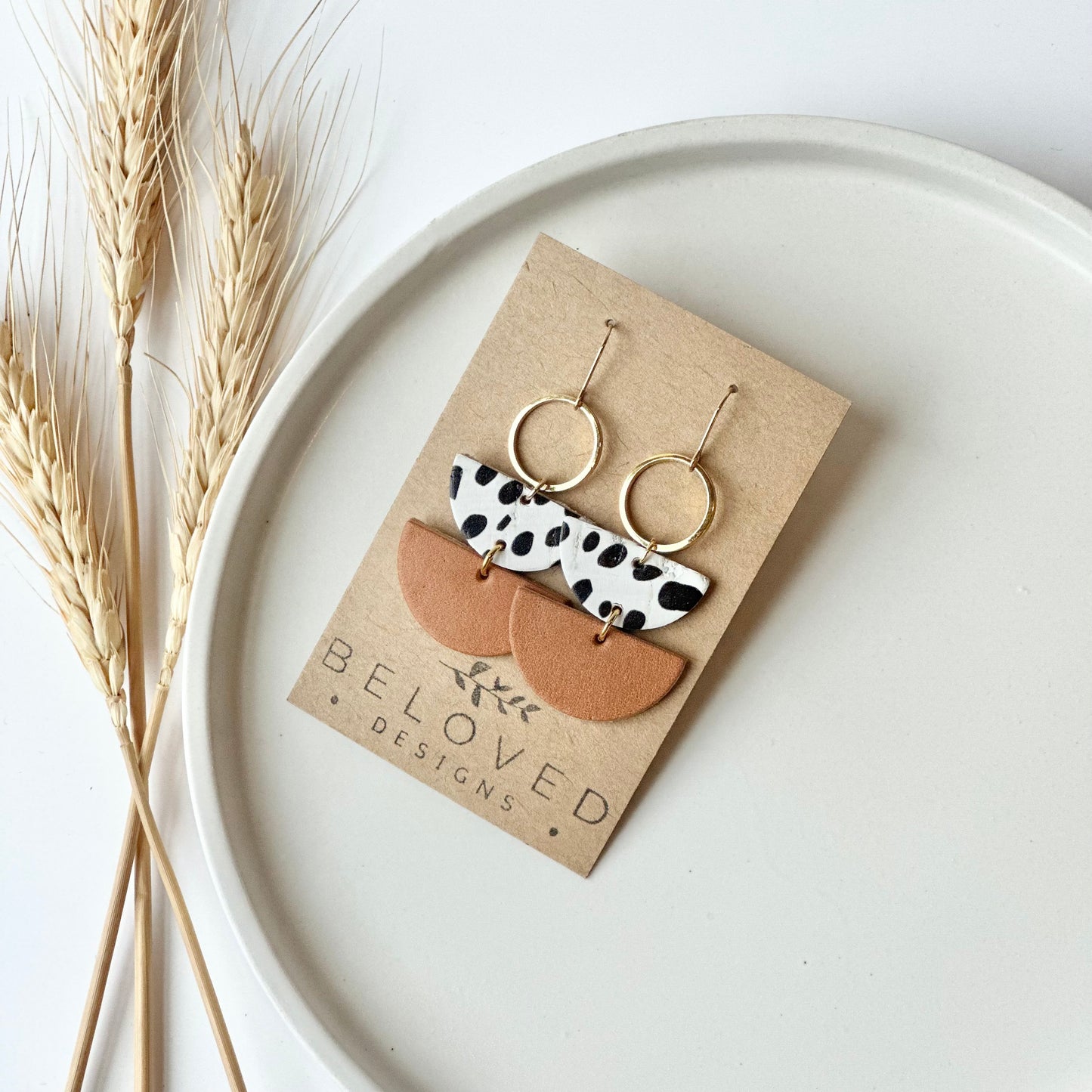 Dalmatian + Natural Leather Half Circle + Hoop Earrings