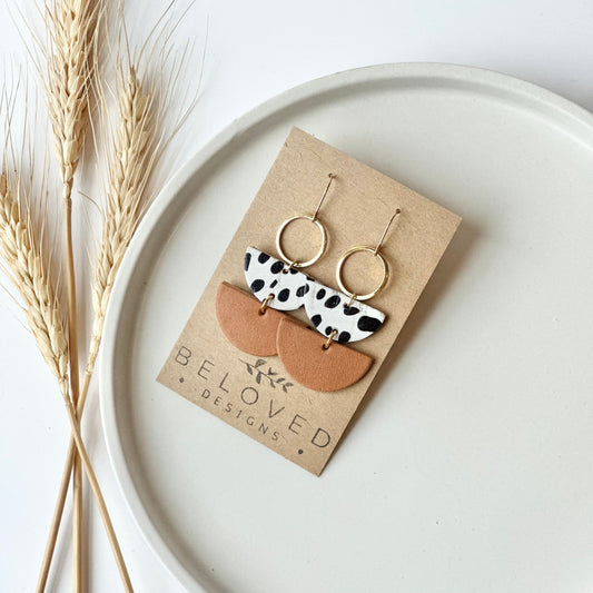 Dalmatian + Natural Leather Half Circle + Hoop Earrings