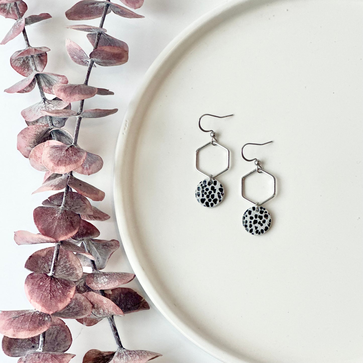 Mini Dalmatian Leather + Hexagon Earrings