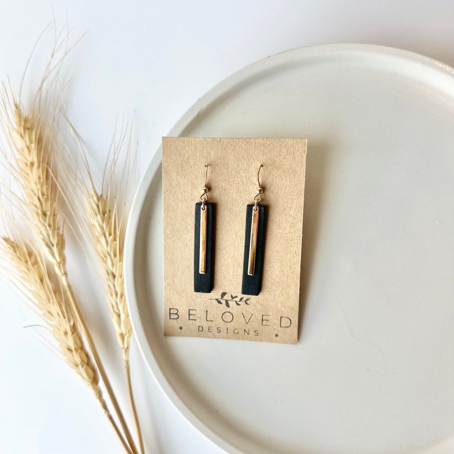 Black Leather Bar + Gold Bar Earrings