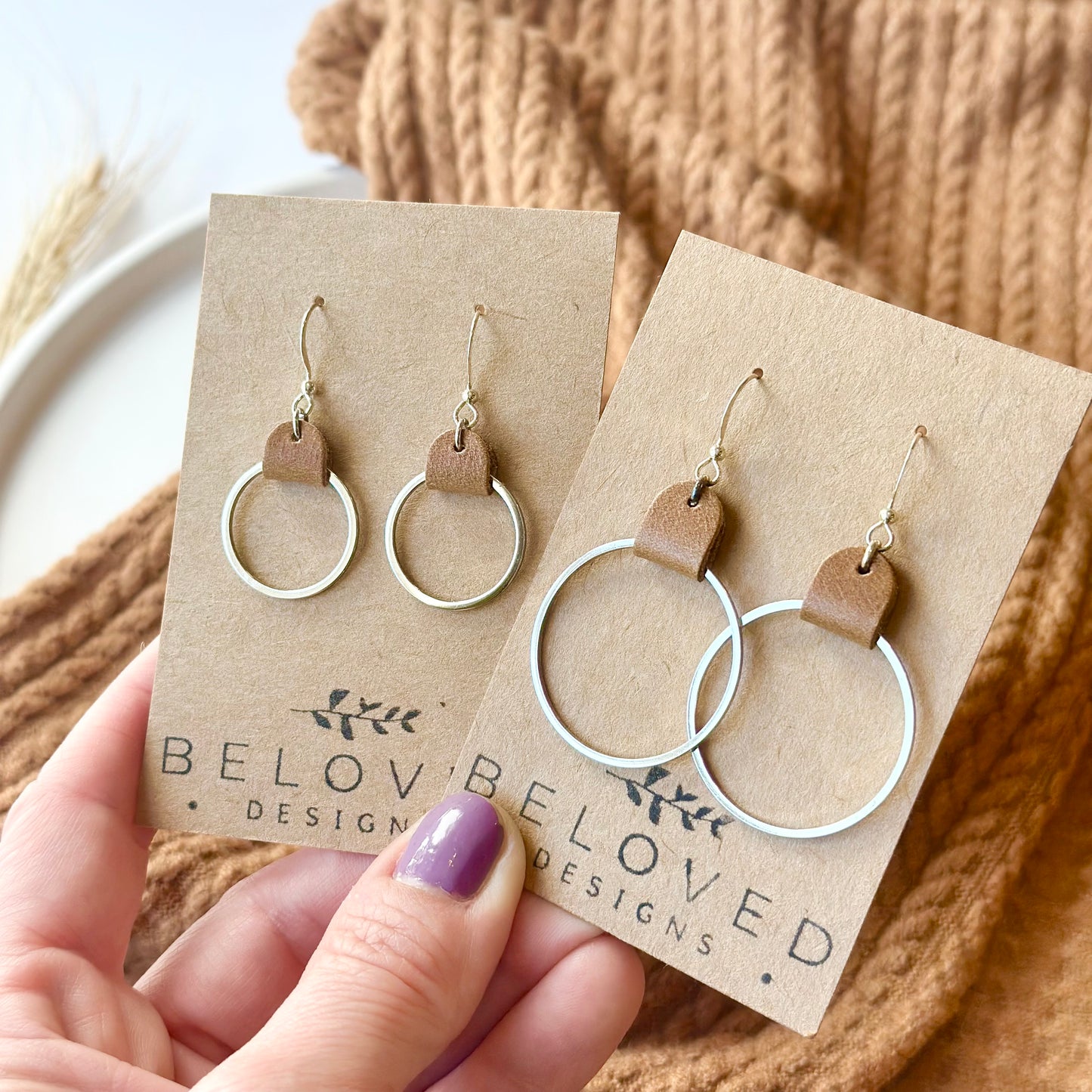 Camel Leather + Rhodium Hoop Earrings