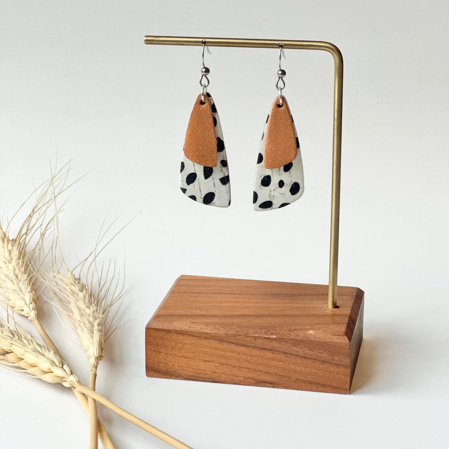 Dalmatian Cork + Natural Leather Drop Leaf Earrings