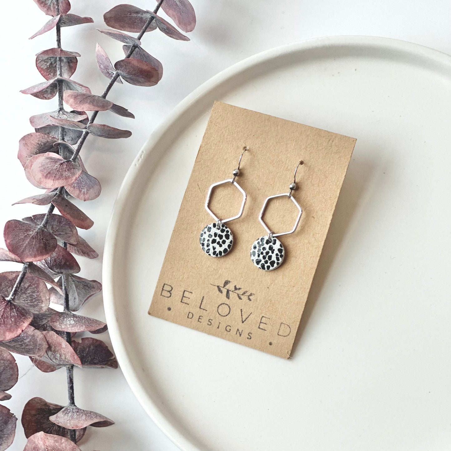 Mini Dalmatian Leather + Hexagon Earrings