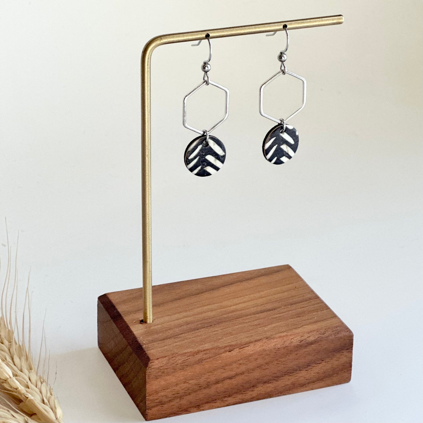 Black and White Chevron Cork Leather + Hexagon Earrings