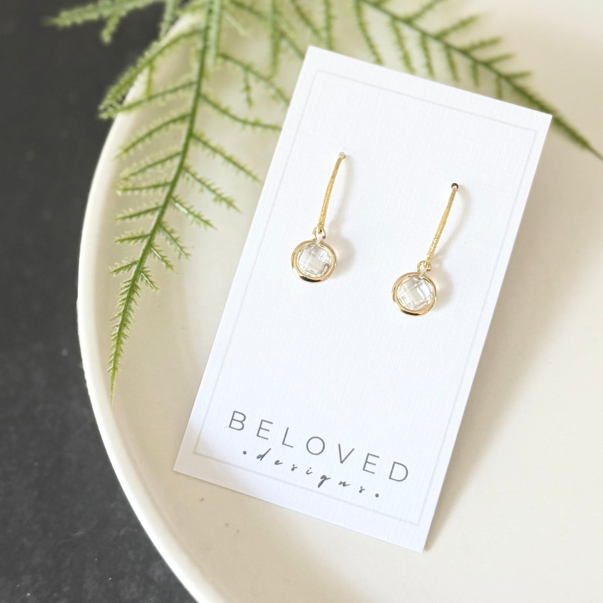 Fish Hook + Crystal Earrings | Gold