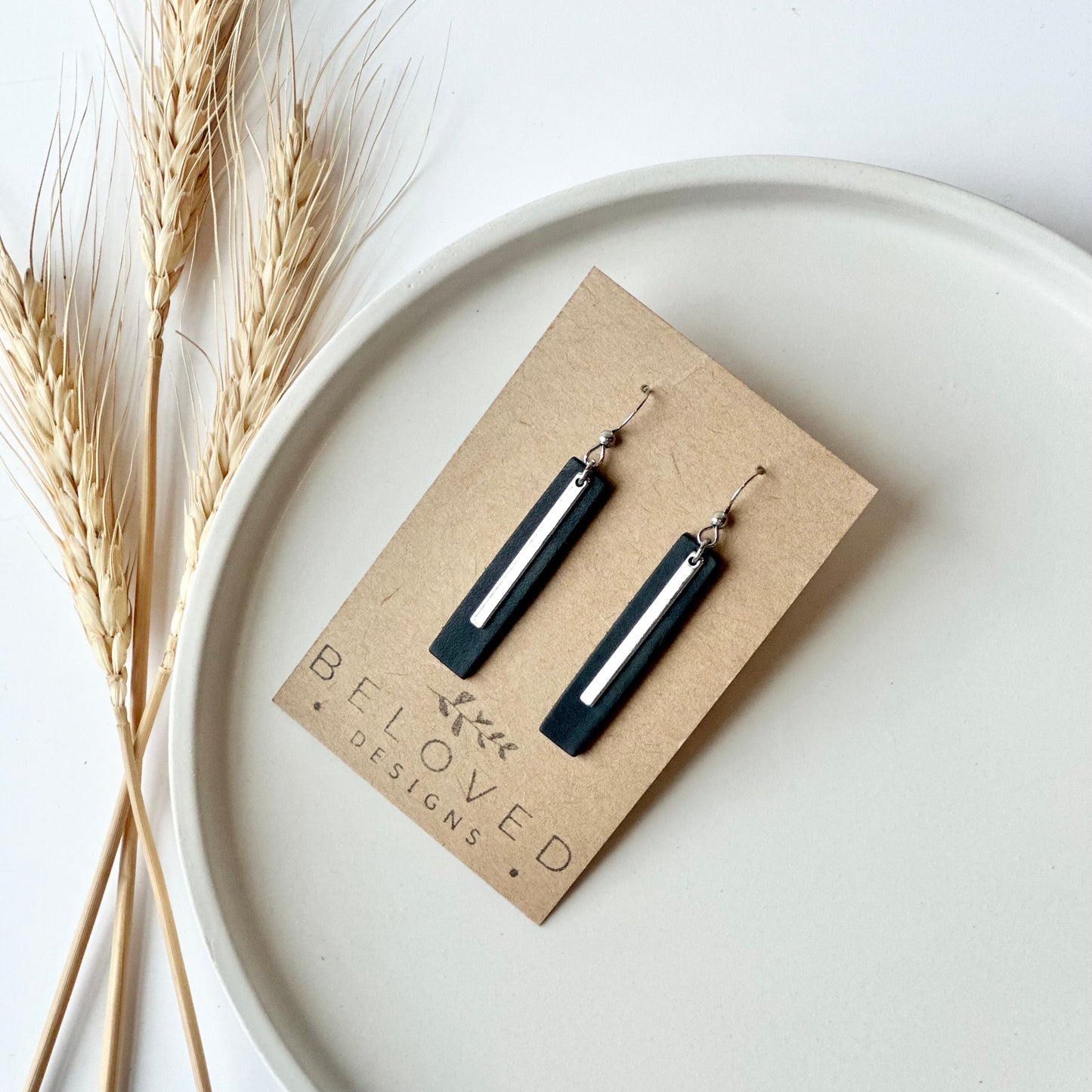 Black Leather Bar + Rhodium Bar Earrings