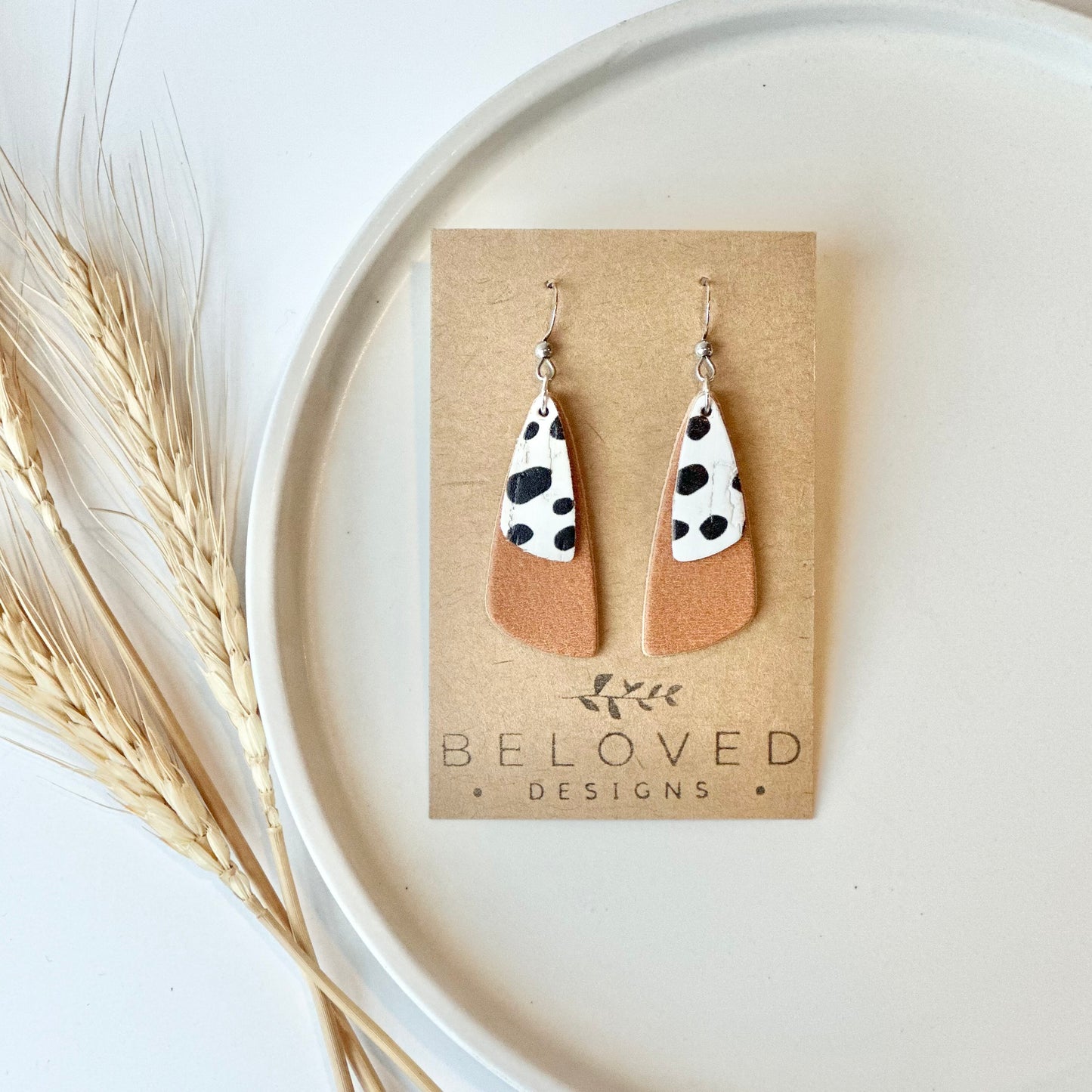 Natural Leather + Dalmatian Cork Drop Leaf Earrings