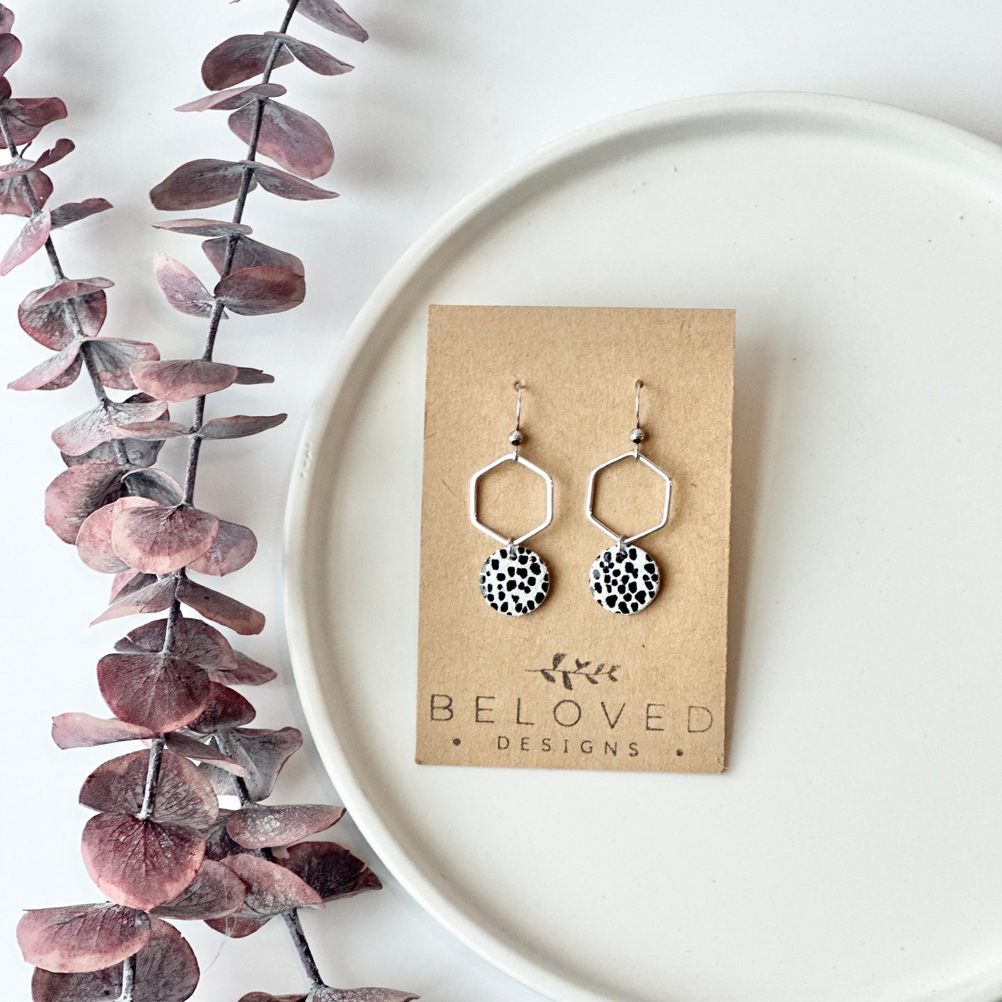 Mini Dalmatian Leather + Hexagon Earrings