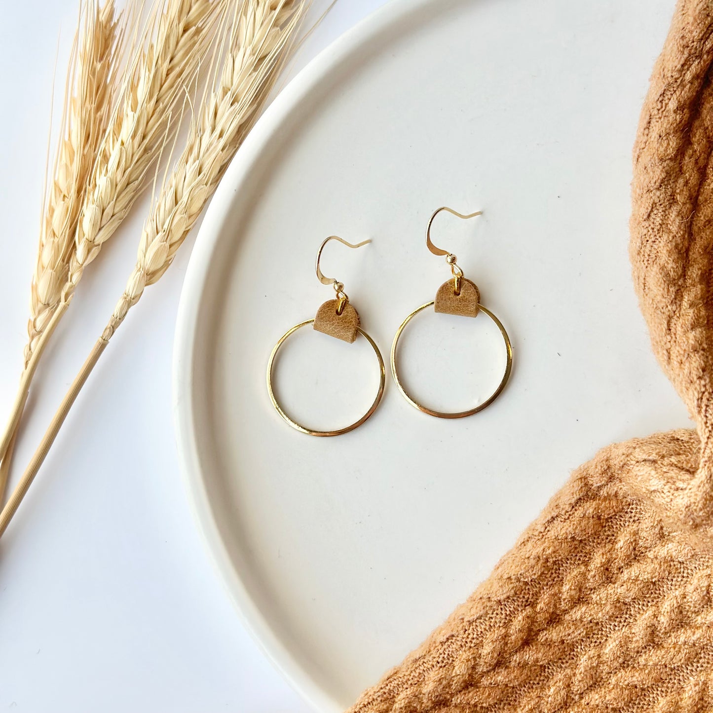 Camel Leather + Gold Hoop Earrings