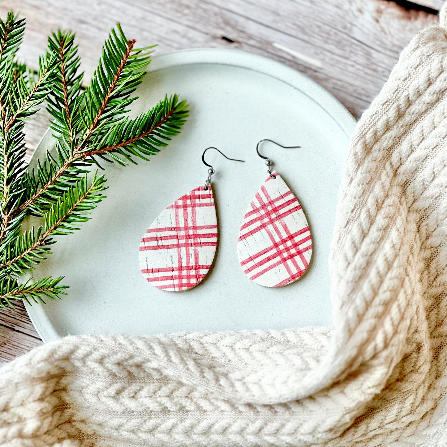 Farmhouse Plaid Cork Leather Teardrop Earrings