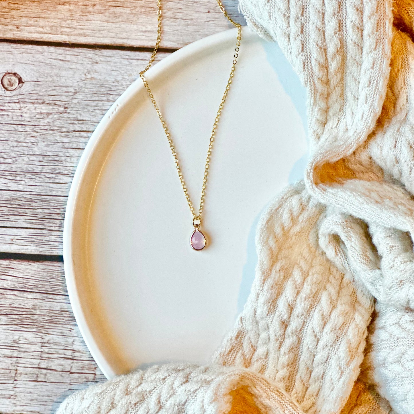 Dusty Pink Teardrop Gold Necklace