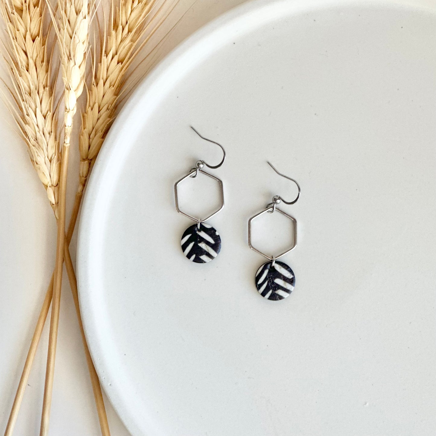 Black and White Chevron Cork Leather + Hexagon Earrings