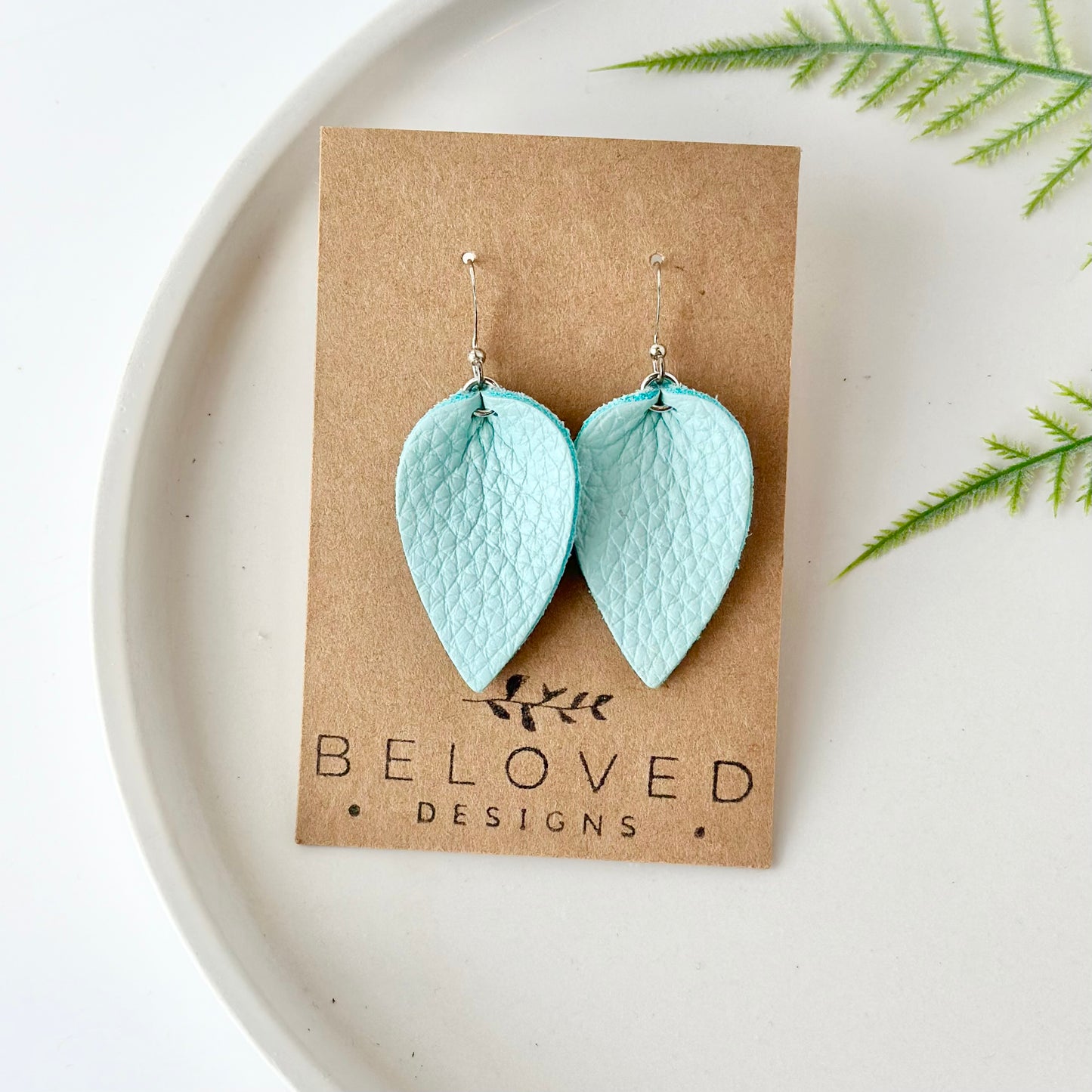 Mint Leather Leaf Earrings