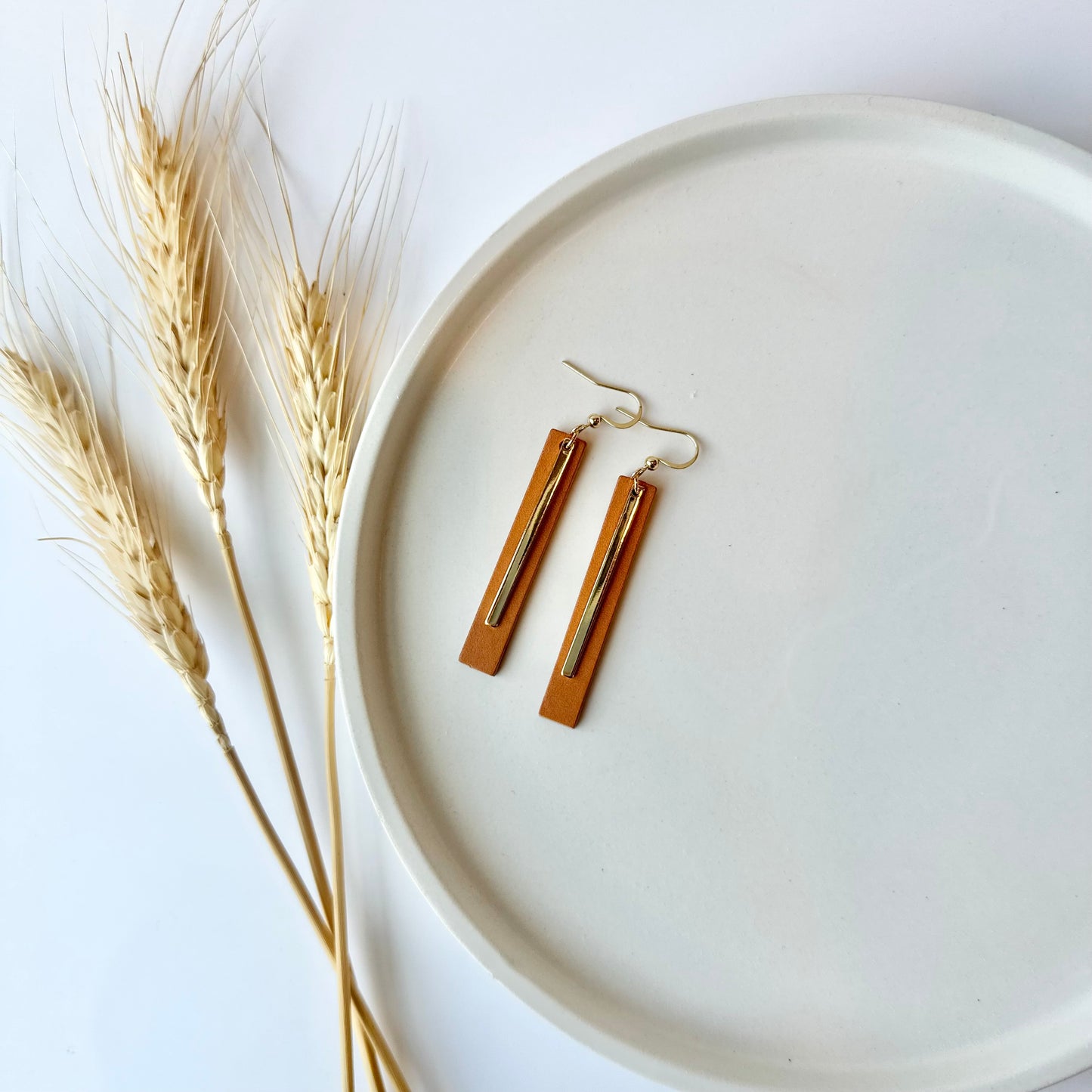 Natural Leather Bar + Gold Bar Earrings