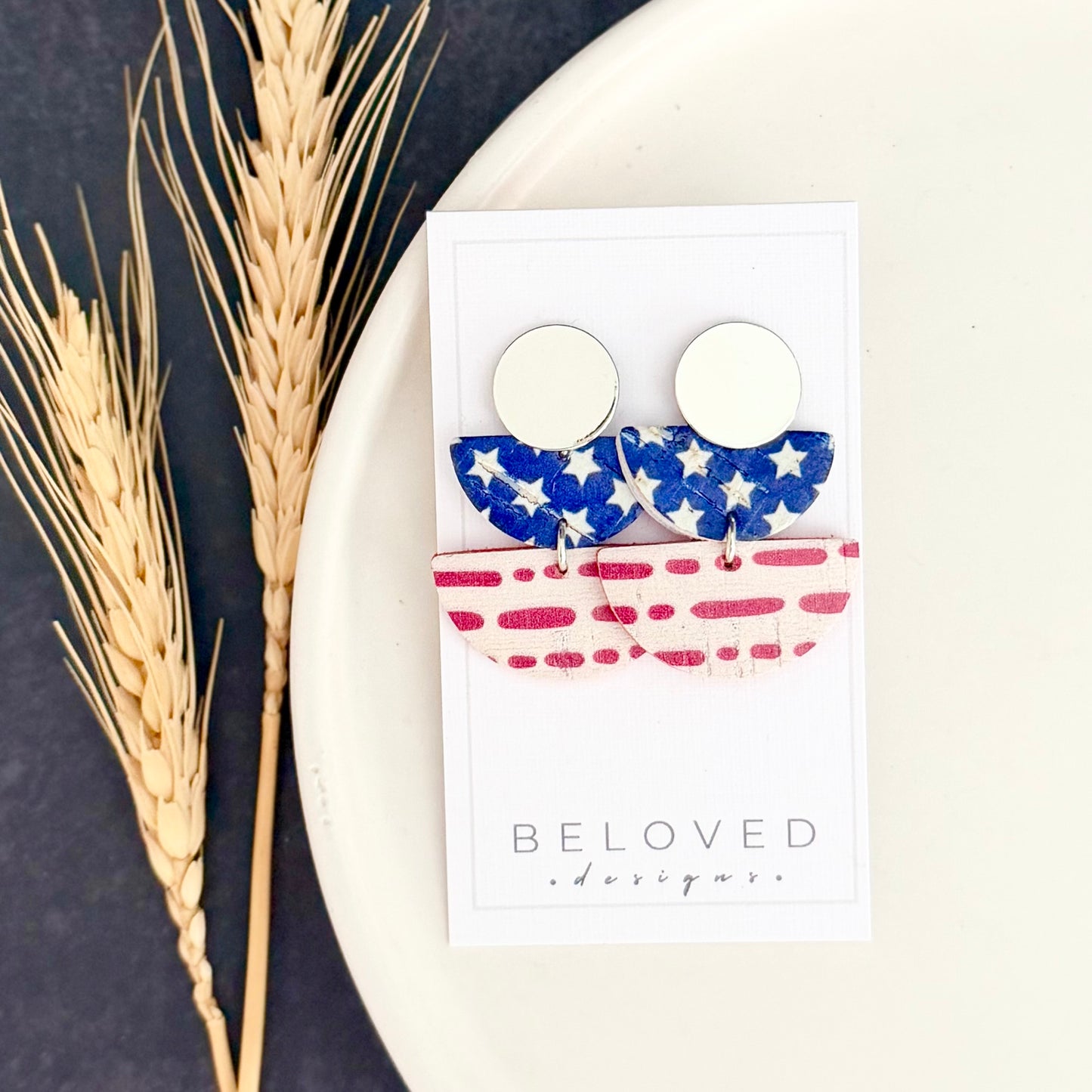 Cork Leather Double Half Circle Earrings | Stars + Dotted Stripes