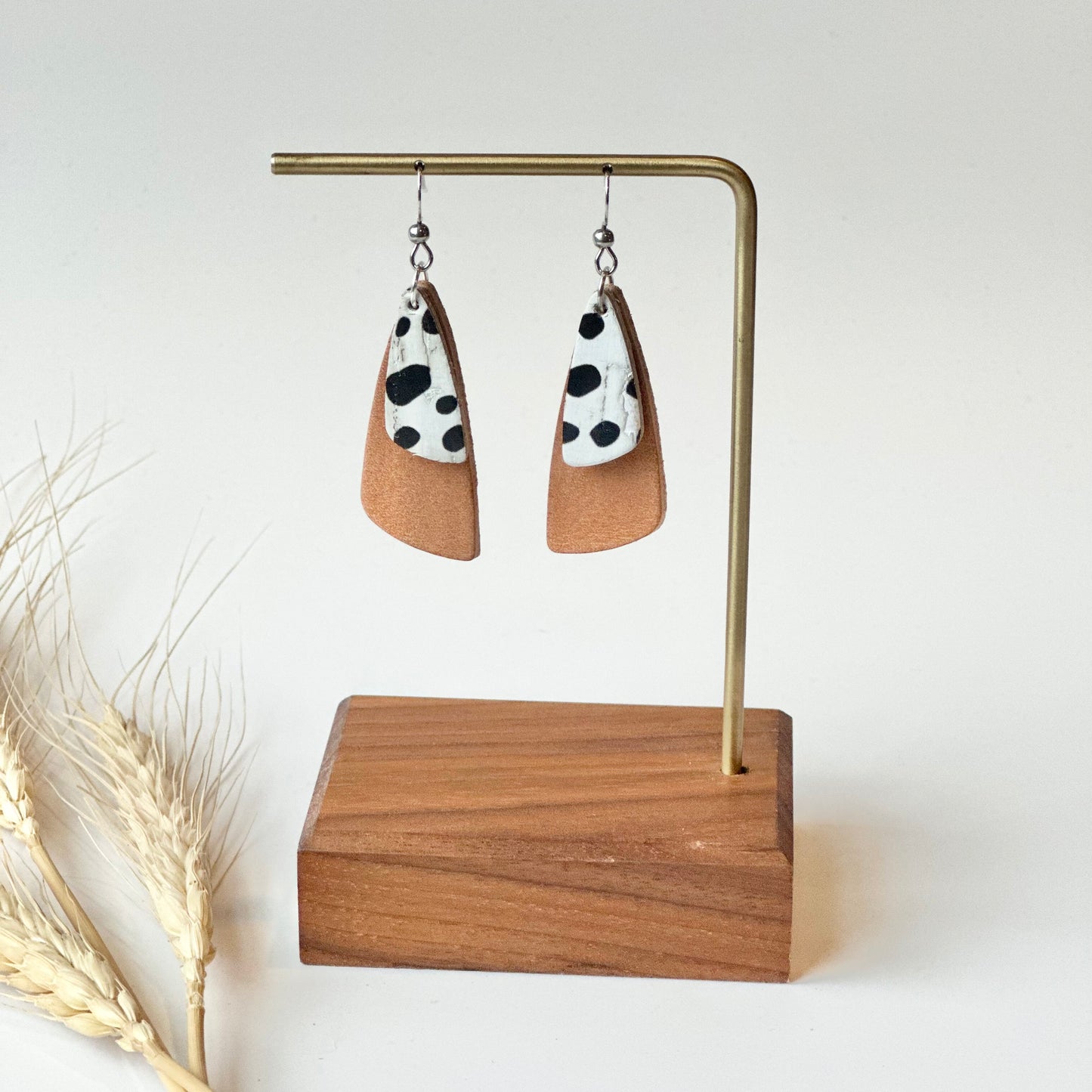 Natural Leather + Dalmatian Cork Drop Leaf Earrings