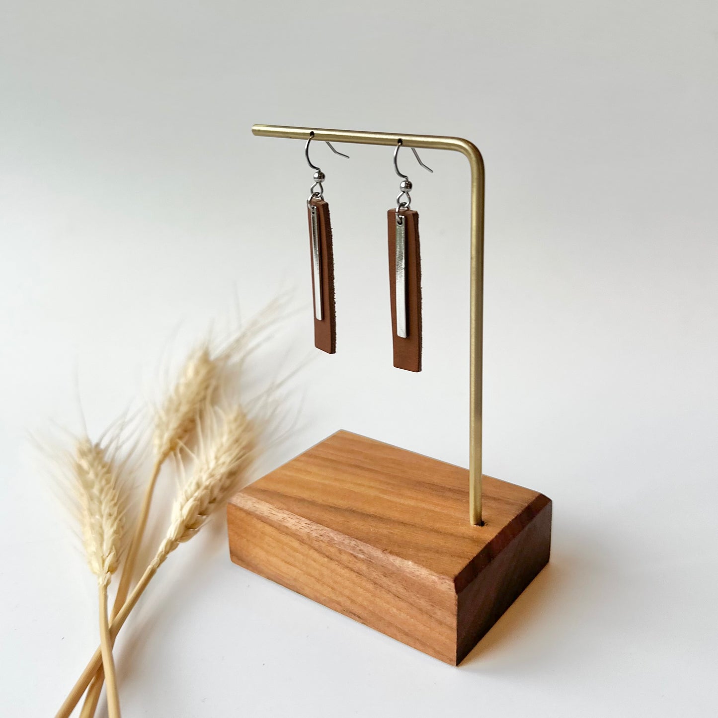 Cognac Leather Bar + Rhodium Bar Earrings