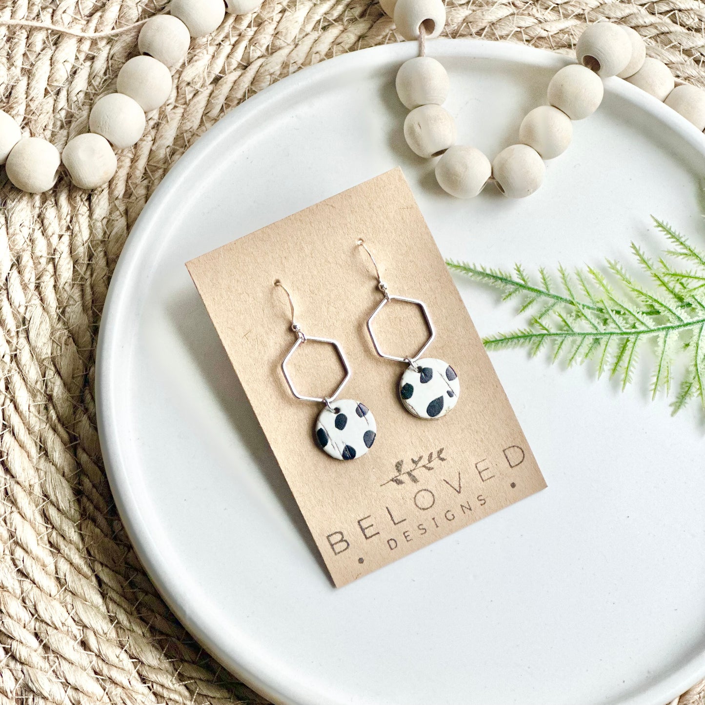 Dalmatian Cork Leather + Hexagon Earrings