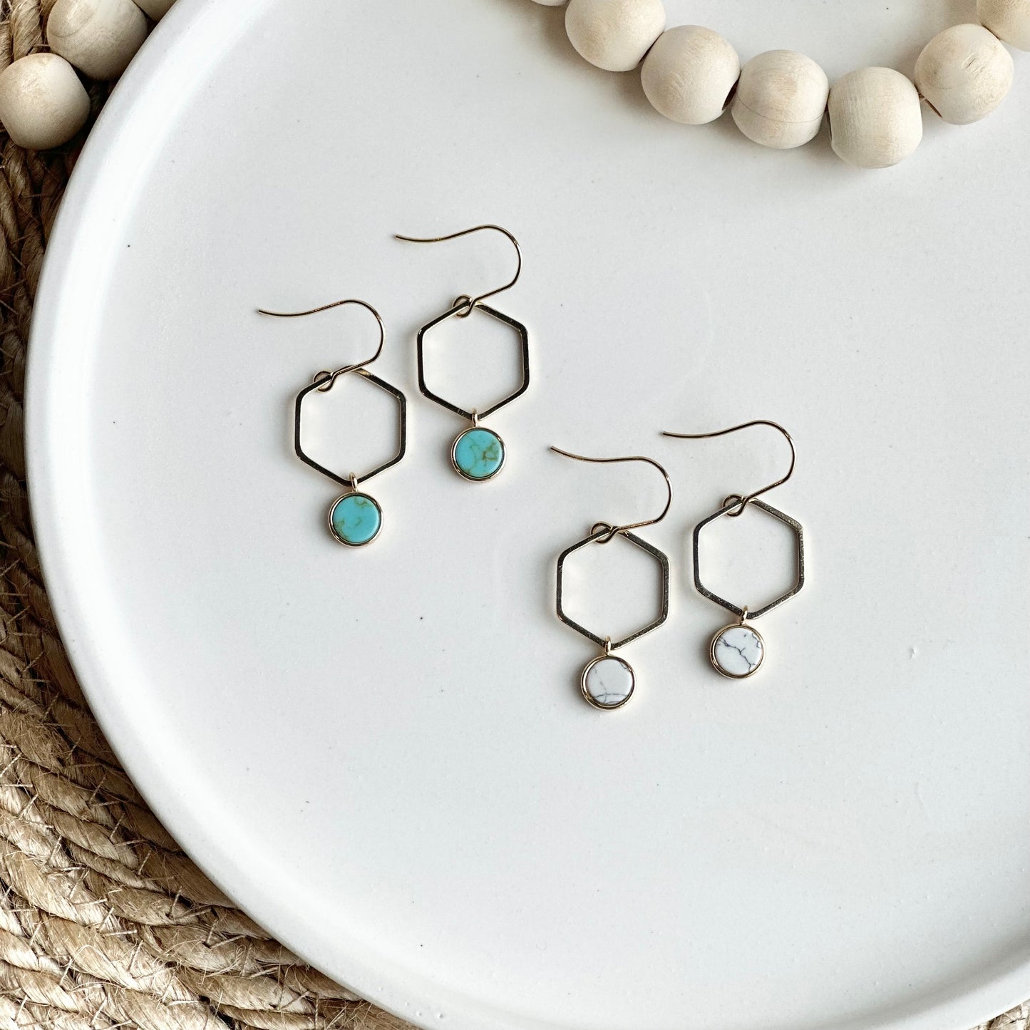 Gold Hexagon + Howlite Earrings