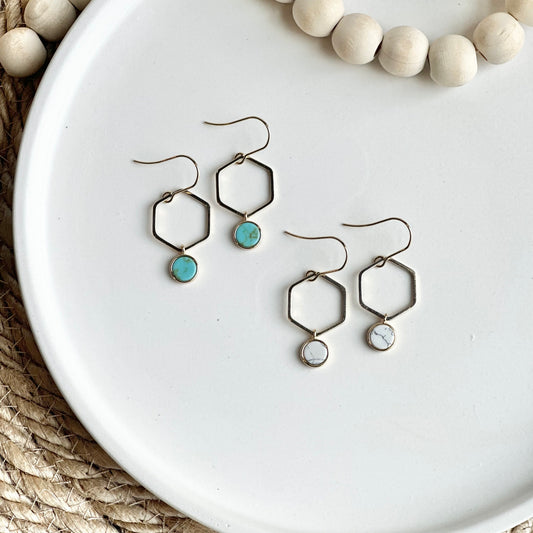Hexagon + Howlite Earrings | Gold