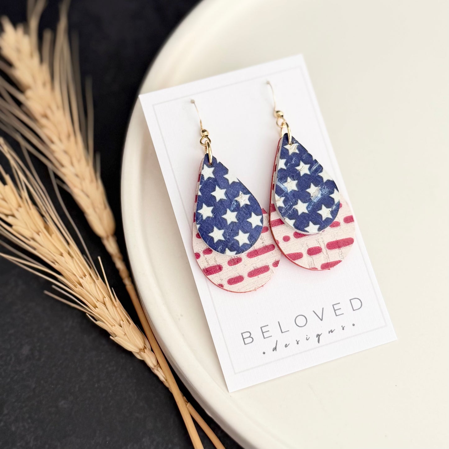 Cork Leather Double Teardrop Earrings | Stars + Dotted Stripes