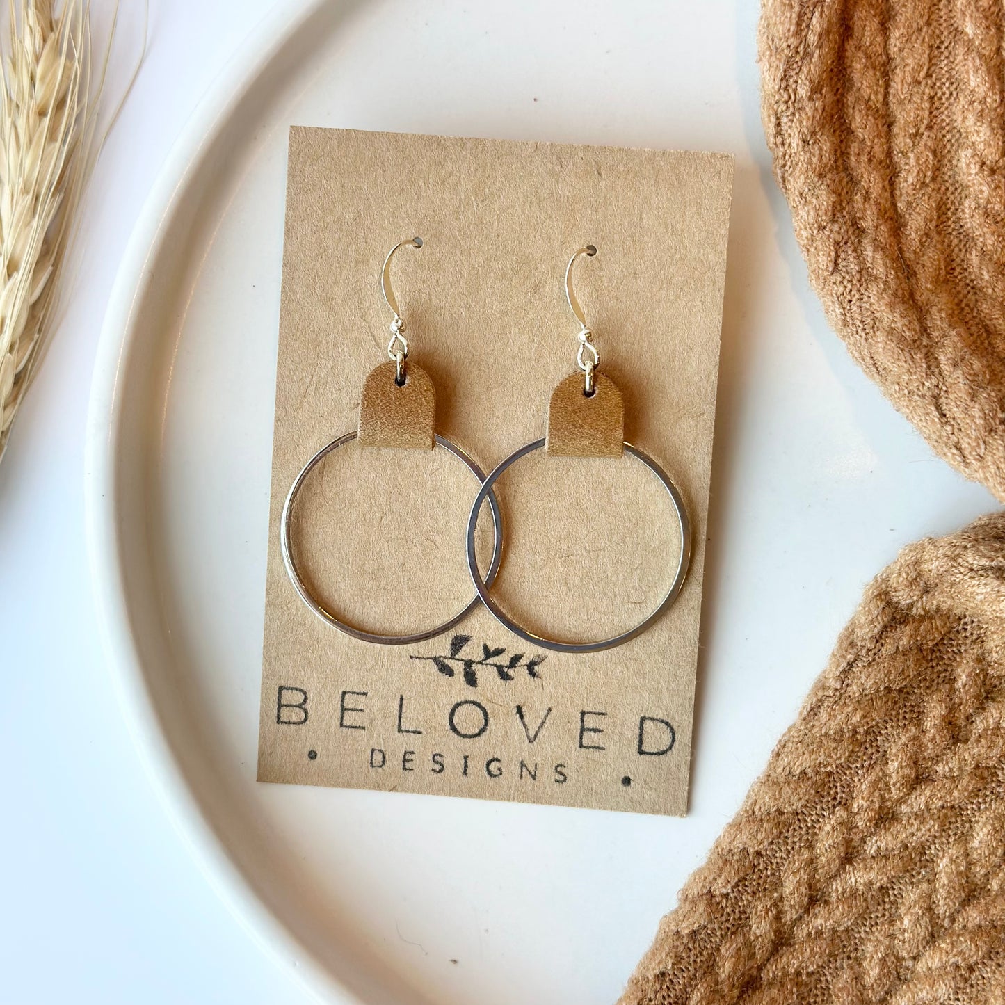 Camel Leather + Rhodium Hoop Earrings