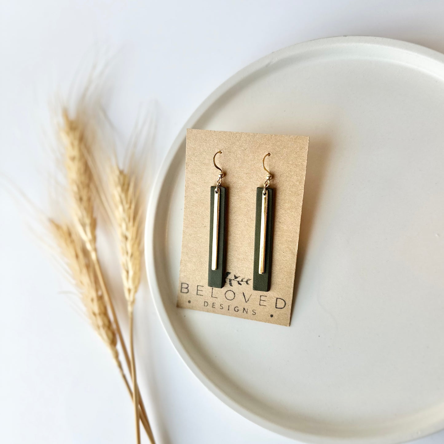 Olive Leather Bar + Gold Bar Earrings