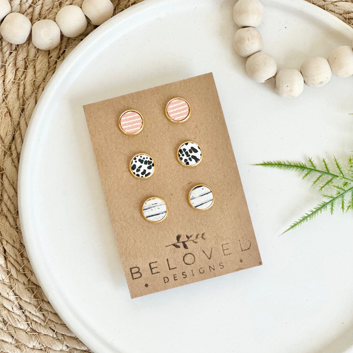 Trio Leather Stud Set - B + W Stripe | Mini Dalmatian | Blush Pink + Gold Stripe