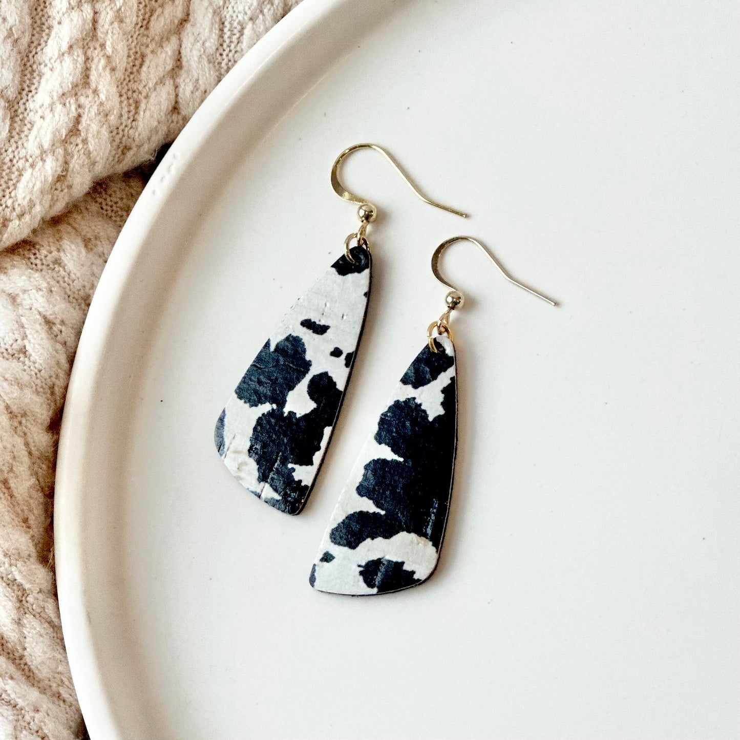 Cow Print Cork Leather Drop Leaf Earrings