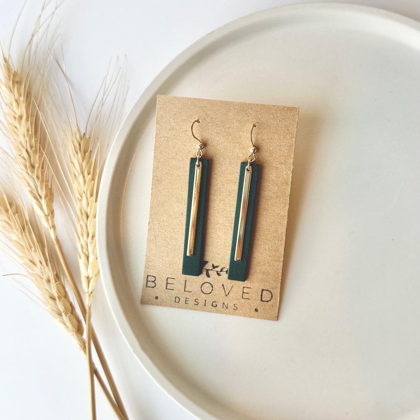 Deep Teal Leather Bar + Gold Bar Earrings